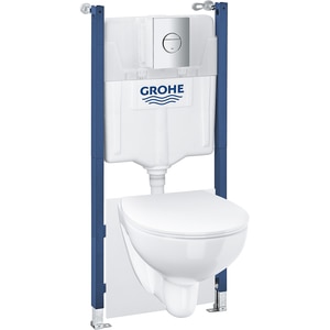 Set vas WC GROHE Bau Ceramic 39900000, montaj suspendat, evacuare orizontala, cu capac, alb