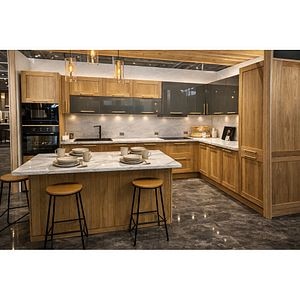 Mobila bucatarie Verbena-Stevia, PAL, 387/255 x 60 x 216 cm, maro-gri lucios